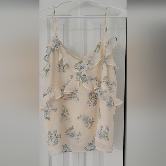 Loft Floral Ruffle Blouse - Cream and Blue Sz L - Picture 3 of 9
